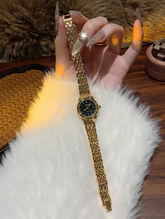 1pc Oversized Round Stone Inlay Quartz Watch - Black