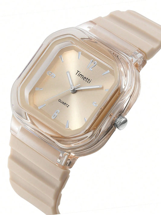 Minimalist Square Silicone Band Quartz Wristwatch - Beige
