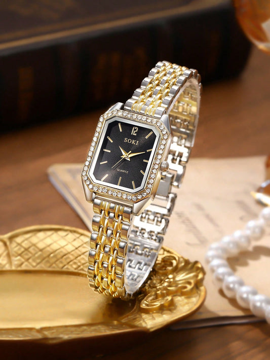 Vintage Style Square Small Dial Rhinestone Watch - Black