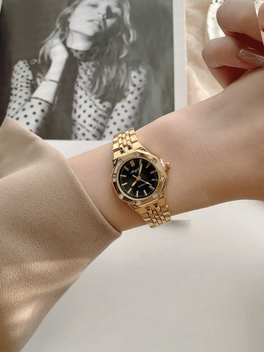 1pc Oversized Round Stone Inlay Quartz Watch - Black