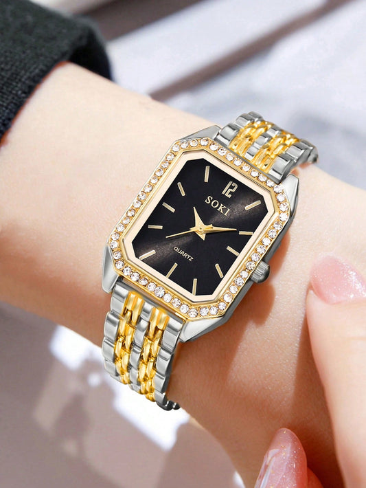Vintage Style Square Small Dial Rhinestone Watch - Black